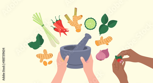 A vibrant, flat-lay illustration of fresh vegetables and spices. Ideal for food blogs, recipe websites, or promoting healthy eating and cooking.