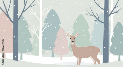 Brown deer standing alone in snowy forest with trees and snowfall serene winter landscape scene