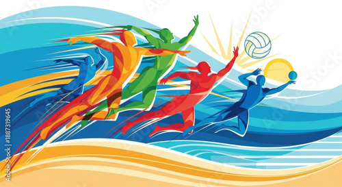 Vibrant beach volleyball players in action jumping to hit ball with dynamic waves and sunny sky background