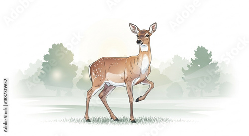 A deer runs through a misty forest with trees in the background captured in a serene and peaceful atmosphere with soft lighting