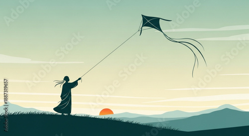 Woman flying kite on hill during sunset with mountains in background feeling free and happy outdoors