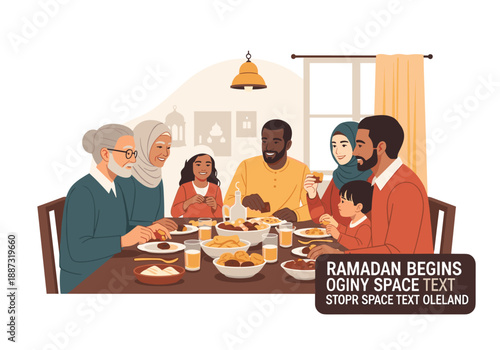 This heartwarming illustration depicts a multi-generational family enjoying a meal together, evoking feelings of togetherness and cultural connection.