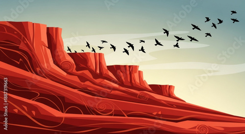 Red rock formations with flock of birds flying against blue sky with wispy clouds at sunset
