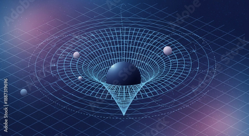 Dark blue sphere in a futuristic grid based gravitational well with orbiting spheres abstract technology background