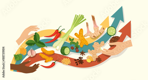 A vibrant illustration depicting hands reaching for colorful vegetables and spices. Perfect for representing healthy eating, community, and a connecti