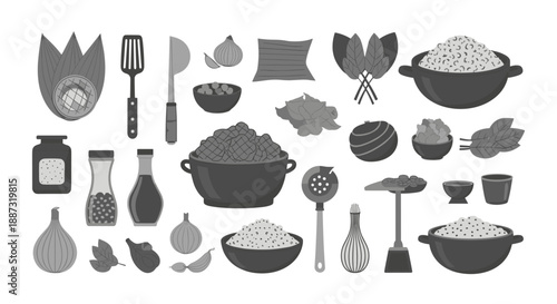 A simple black and white illustration of cooking tools and fresh produce. Ideal for food blogs, recipe websites, or culinary-themed marketing material