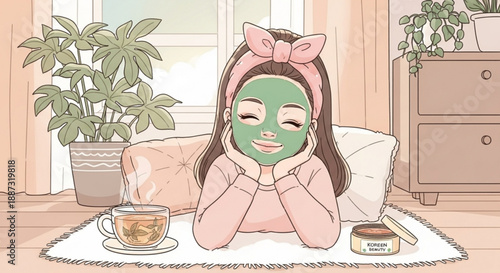 Woman relaxing with face mask tea and skincare products in cozy home environment