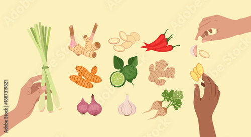 A colorful, flat-lay illustration depicts fresh ingredients like lemongrass, ginger, and shallots. Ideal for food blogs, recipes, or promoting healthy