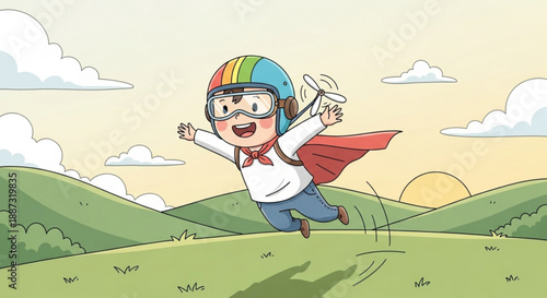 Cartoon child superhero flying over green hills with rainbow helmet and red cape at sunset