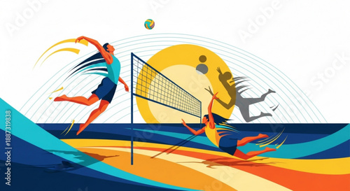 Beach volleyball players in action jumping to hit ball dynamic illustration with vibrant colors and abstract background
