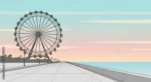 Ferris wheel on a pier at sunset with pastel sky and ocean view amusement park ride