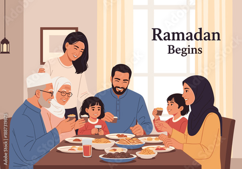 A warm illustration depicting a family sharing a meal together. Perfect for concepts around family, tradition, and intergenerational connection, suita