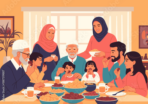 A warm illustration depicting a multi-generational family sharing a meal together, conveying feelings of connection, tradition, and love. Ideal for th