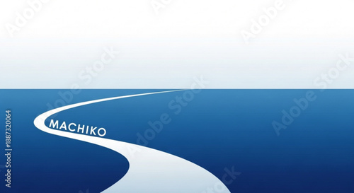 Blue gradient background with white wavy line and machiko text ocean or sea wave design element