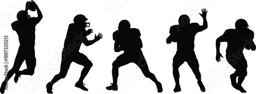 Set of American football player silhouettes in dynamic action poses highlighting strength, teamwork, competition, athletic training and sports energy
