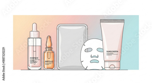 Skincare products and phone on colorful background for beauty routine and self care