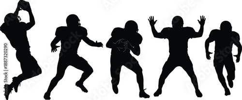 American football player silhouettes in dynamic action poses showcasing strength, teamwork, competition, athletic training, sports energy and physical performance illustrations
