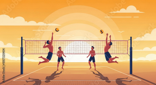 Four men playing beach volleyball at sunset with orange sky and clouds