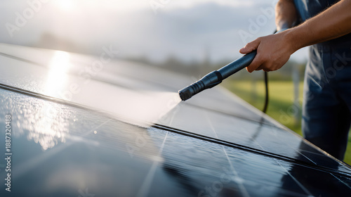 Man cleaning solar panels with high pressure washer outdoors