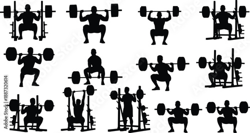 Collection of barbell weightlifting silhouettes showing squats, presses, strength training, bodybuilding workout, gym exercise, athletic performance and fitness lifestyle illustrations