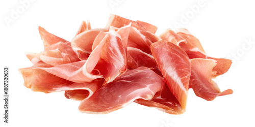 A Pile of Thinly Sliced Italian Prosciutto Crudo or Spanish Jamon Serrano an Uncooked Dry Cured Ham Isolated on a Transparent Background