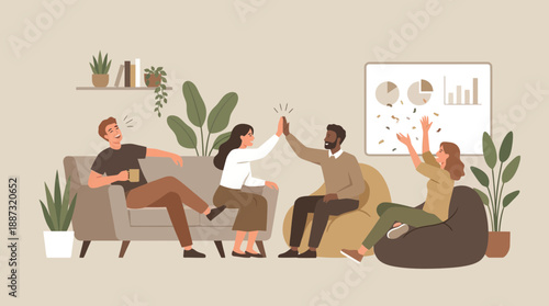 Diverse team celebrating success with high fives in modern office