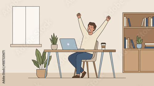 Young professional celebrating success at modern home office desk