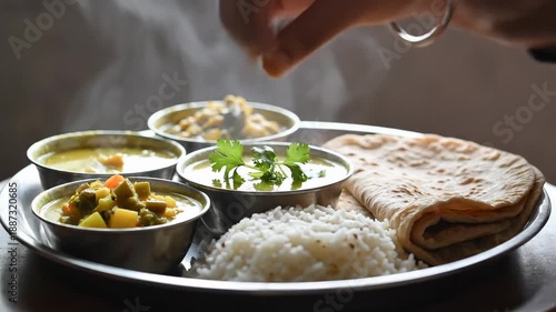 Steaming Hot Indian Thali Meal With Rice Roti And Various Curries In Metal Bowls On A Round Plate With Soft Focused Background High Angle View Natural Lighting