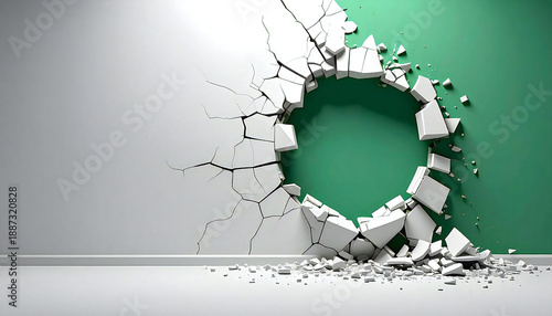 壁を突き破る円形の穴と緑の空間 3Dコンセプト背景。Circular Hole Breaking Through Wall with Green Space Background.