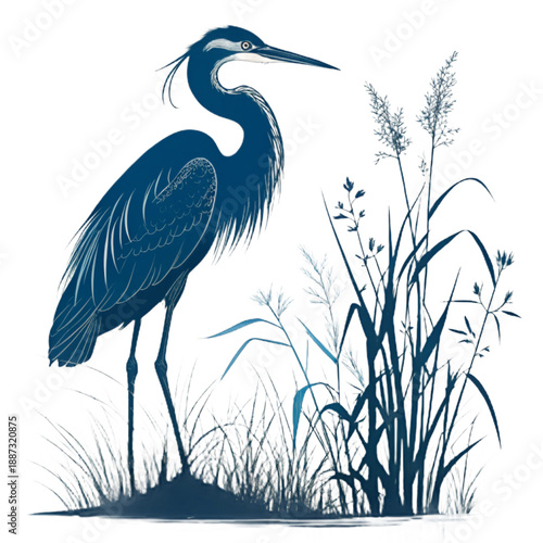 Serene blue heron silhouette standing on a marsh stem, evoking tranquility and connection to nature.