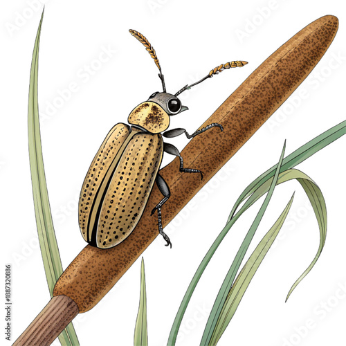 A cattail beetle clings to a brown reed, capturing a serene moment in nature.