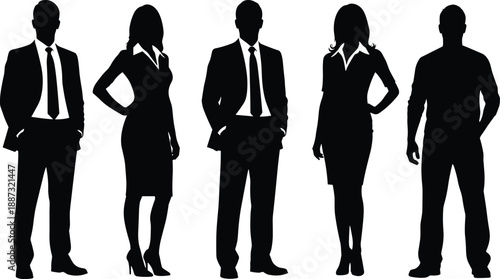 Silhouette illustration of diverse people in business and casual attire representing teamwork, workplace diversity, corporate fashion and professional lifestyle concepts