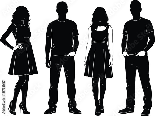Silhouette illustration of diverse men and women standing side by side in casual postures representing teamwork, equality, lifestyle and community concepts