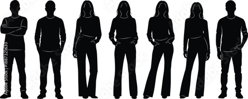 Silhouette illustration of diverse men and women standing side by side in casual postures representing teamwork, equality, lifestyle and community concepts