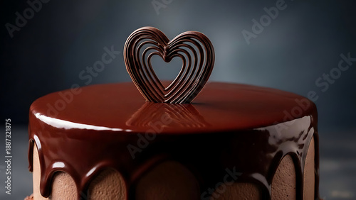 Rich dark chocolate cake featuring a delicate piped heart decoration sits against a dramatic dark background.