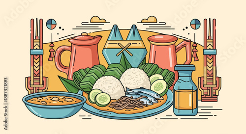 Illustration of Southeast Asian cuisine features rice, fish, cucumbers, with decorative objects