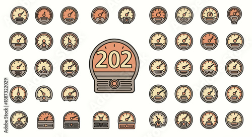 An illustration featuring various gauges, all in a similar steampunk-esque style, and a central bulb design