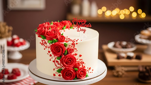 White frosted layer cake decorated with elaborate red buttercream roses and small hearts sits on a stand.