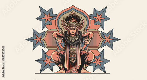 Illustration of a figure in ornate attire with a starburst design backdrop, squatting pose