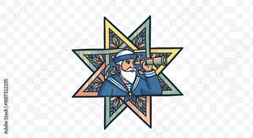 A sailor looks through a spyglass within a decorative star, featuring a detailed illustration style