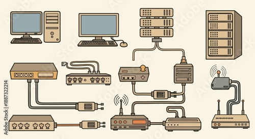 An illustration of computer network equipment, including computers, servers, and routers