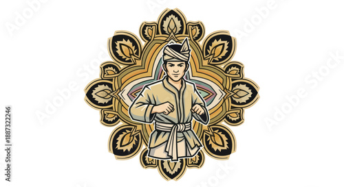 A man in traditional garb, fists clenched, set against an ornate, golden mandala