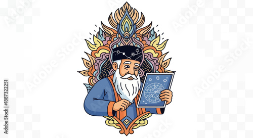 An elderly man with a white beard examines a chart in a colorful, patterned frame