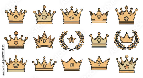 A collection of 15 golden crowns with black outlines and laurel wreath in a minimalist style