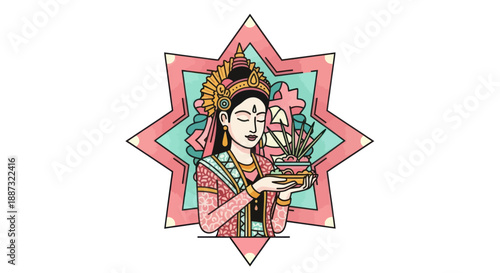 An illustrated woman in traditional dress holds a bowl, within a star-shaped frame