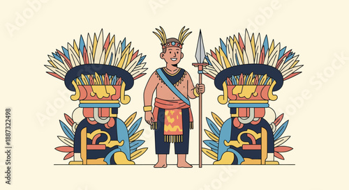 A smiling man holding a spear between two stylized, colorful, feathered headdresses