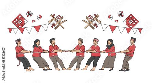 A group of people playing tug-of-war, with decorations and folk elements