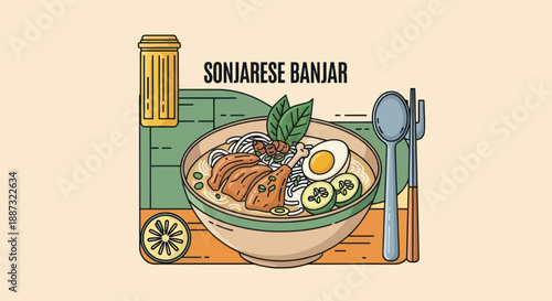 An illustration of a bowl of soup with chicken and vegetables. Includes cutlery and condiment