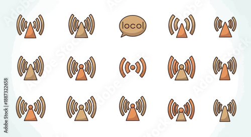 A grid of brown stylized signal icons with varying shapes and a "local" speech bubble