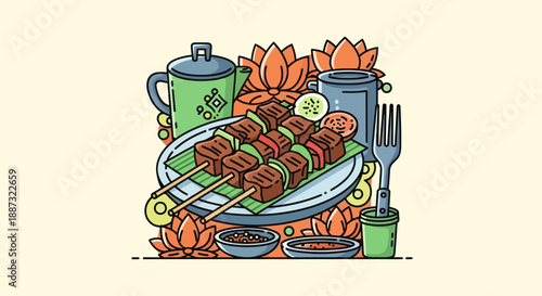 Colorful illustration of Southeast Asian cuisine featuring skewers, lotus flowers, and condiments